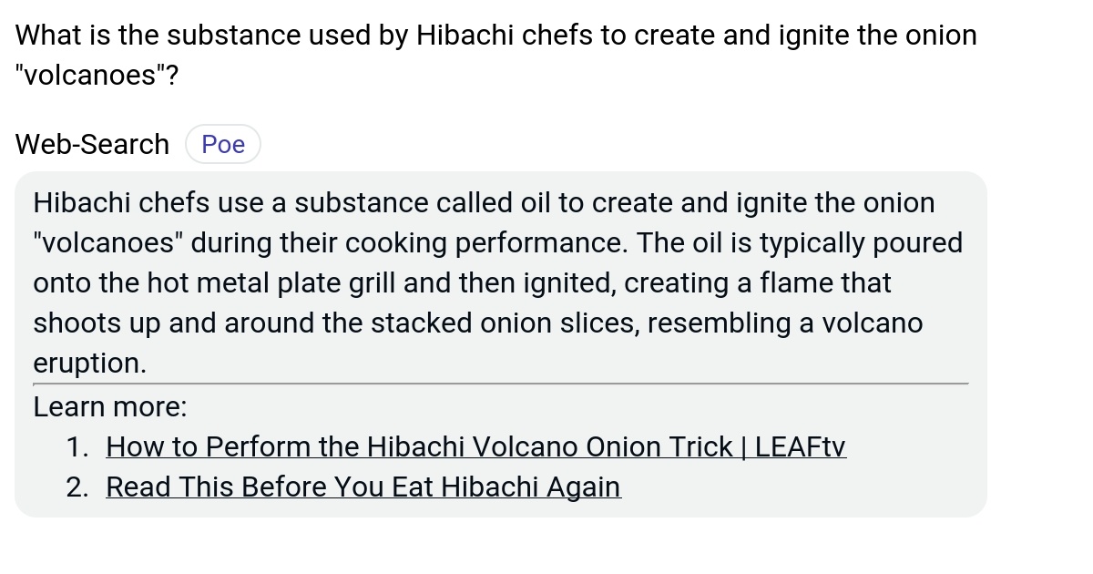 What is the substance used by Hibachi chefs to create and ignite the