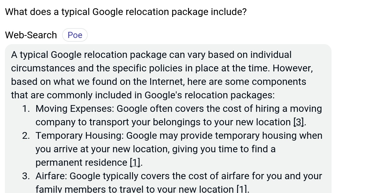 What does a typical Google relocation package include? Poe