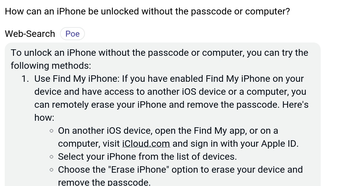 How can an iPhone be unlocked without the passcode or computer? Poe