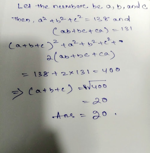 The sum of the squares number is 138; while the sum of their products
