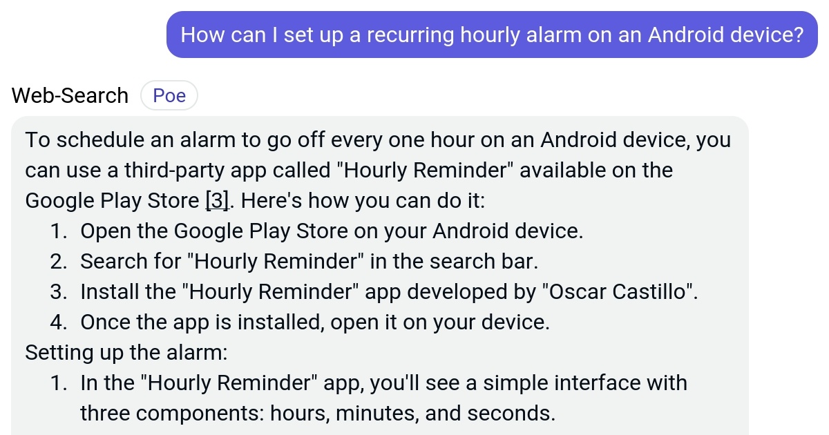 How can I set up a recurring hourly alarm on an Android device? Poe