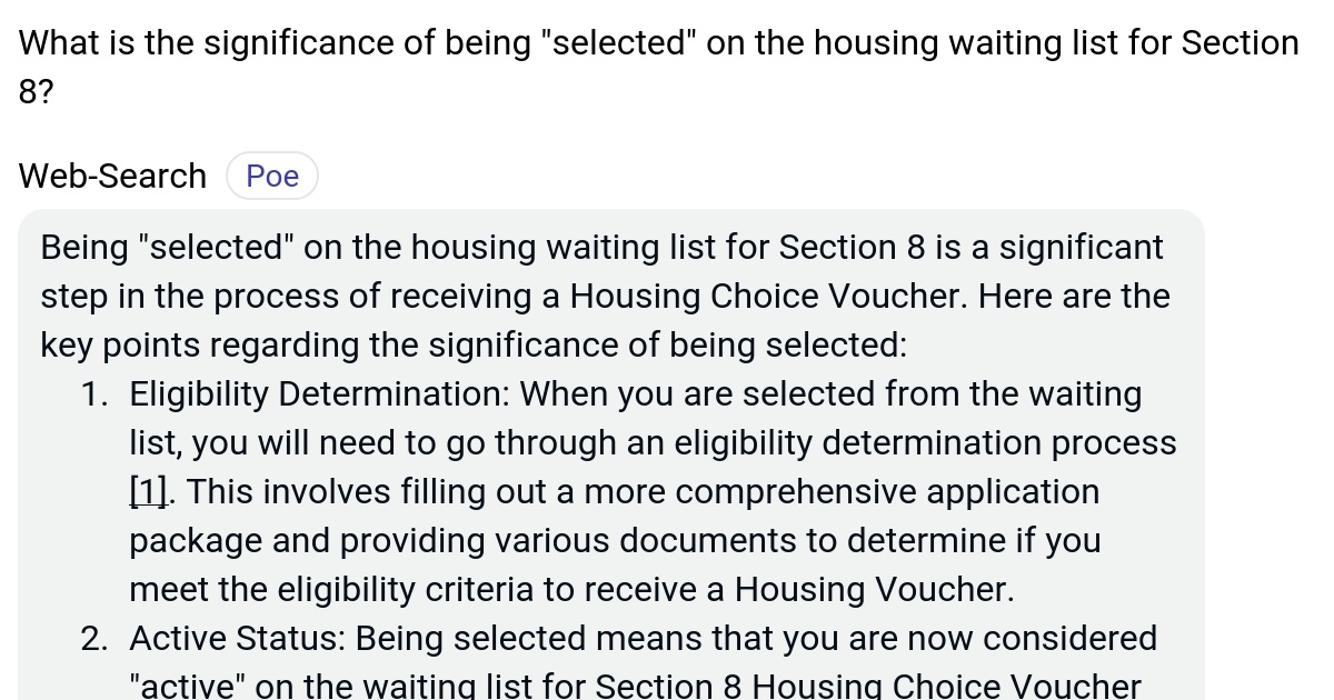 What is the significance of being "selected" on the housing waiting