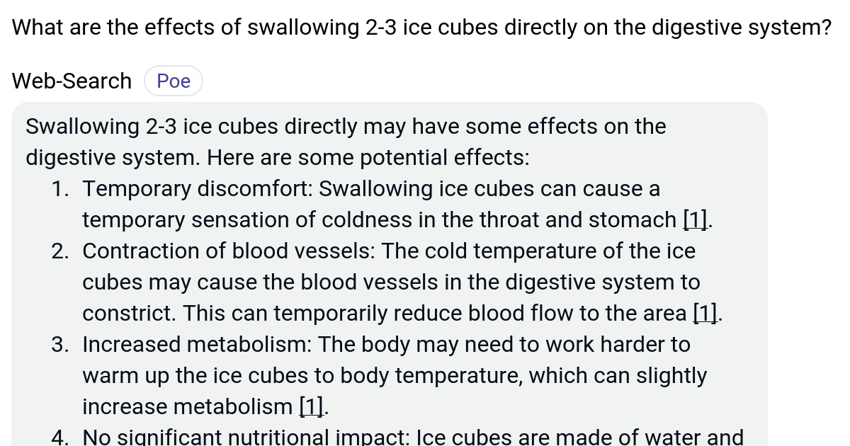 What are the effects of swallowing 23 ice cubes directly on the