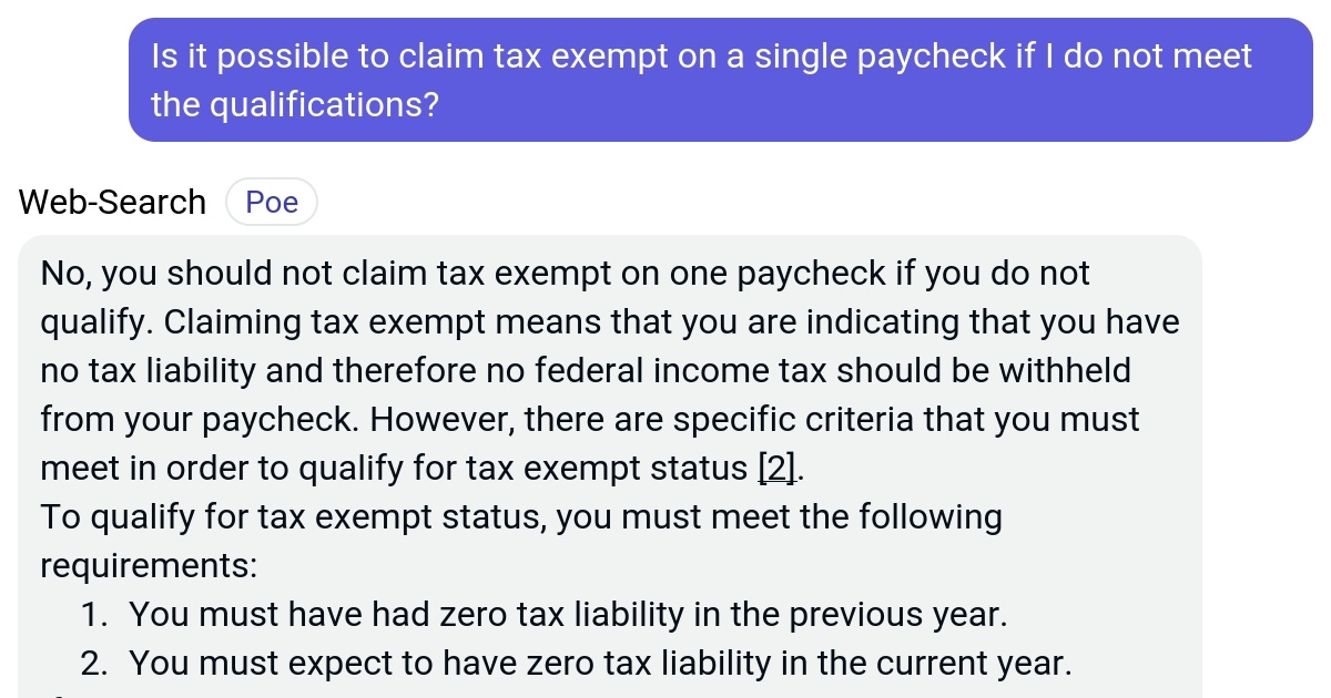 Is it possible to claim tax exempt on a single paycheck if I do not