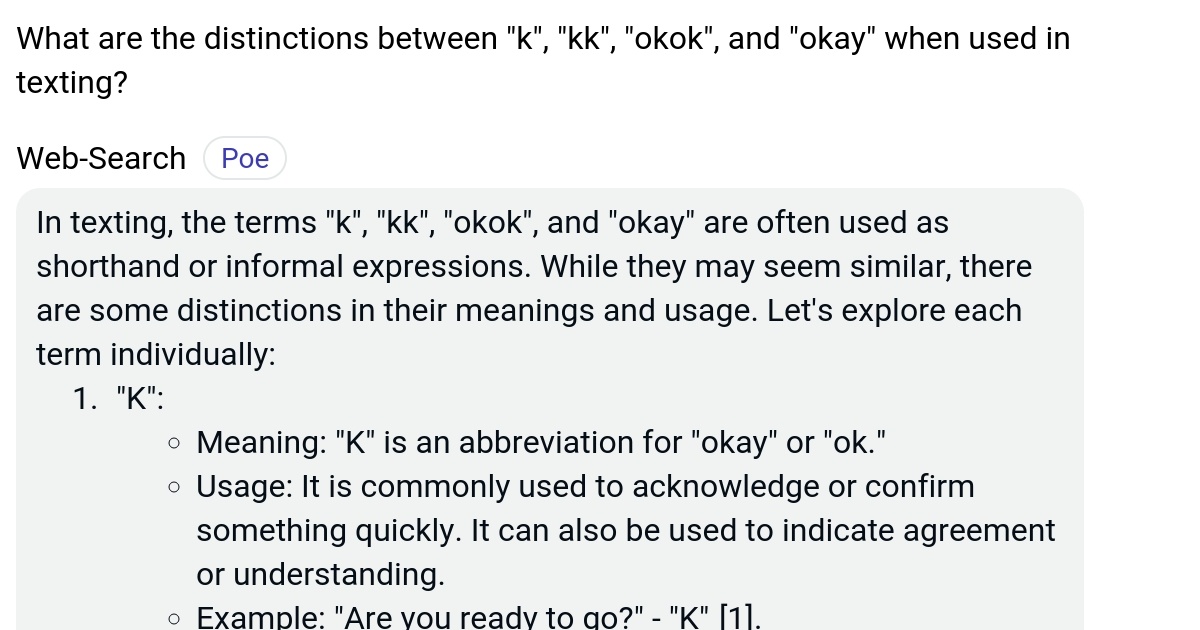 What are the distinctions between "k", "kk", "okok", and "okay" when