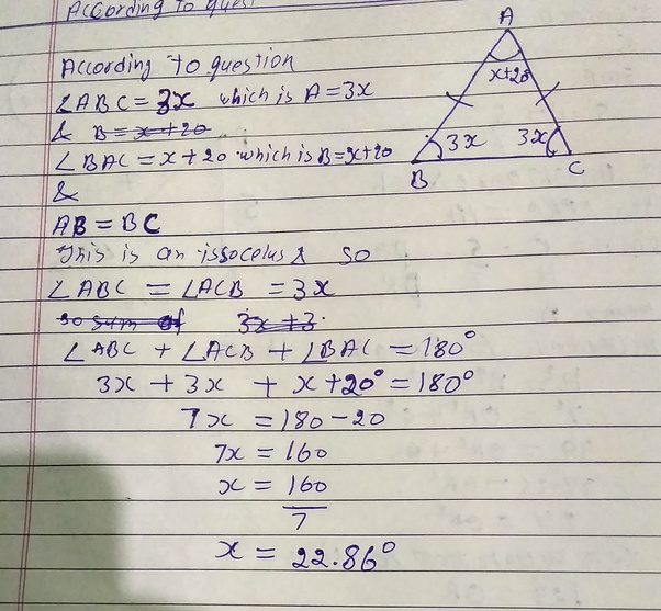 In a triangle ABC, AB=BC, and if the base angle is A=3x