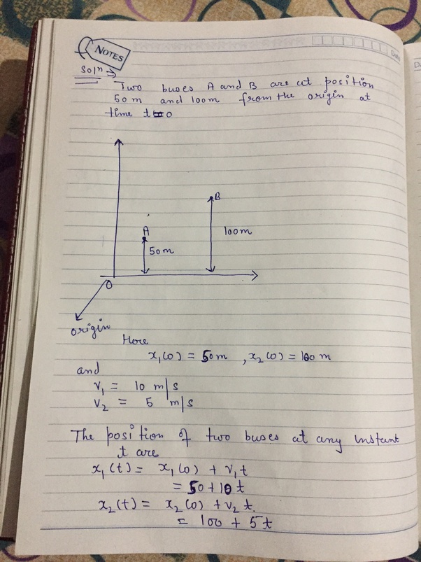 Two buses A and B are at positions 50m and 100m from the origin at time