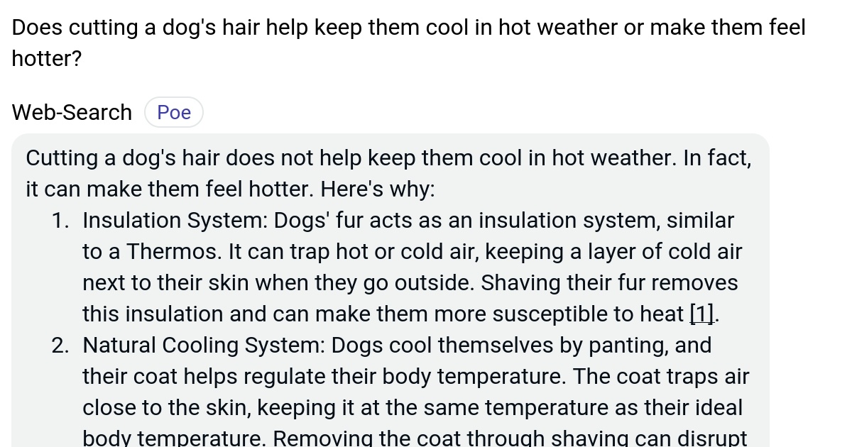 Does cutting a dog's hair help keep them cool in hot weather or make
