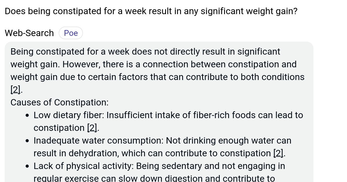 Does being constipated for a week result in any significant weight gain