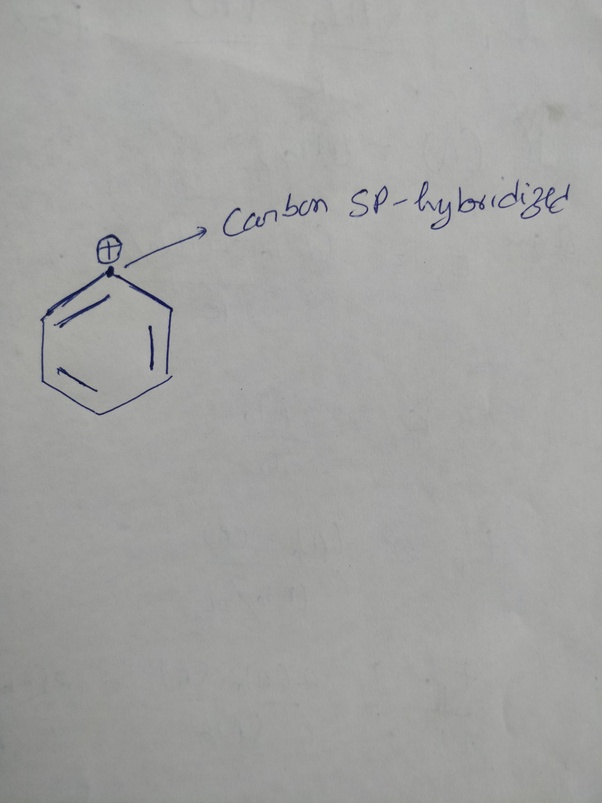 What is the hybridization of the carbon with a positive charge in