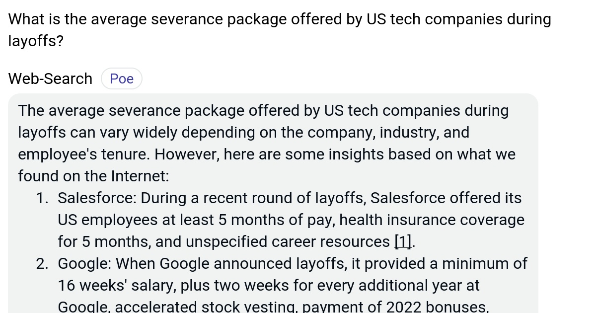 What is the average severance package offered by US tech companies during layoffs? Poe