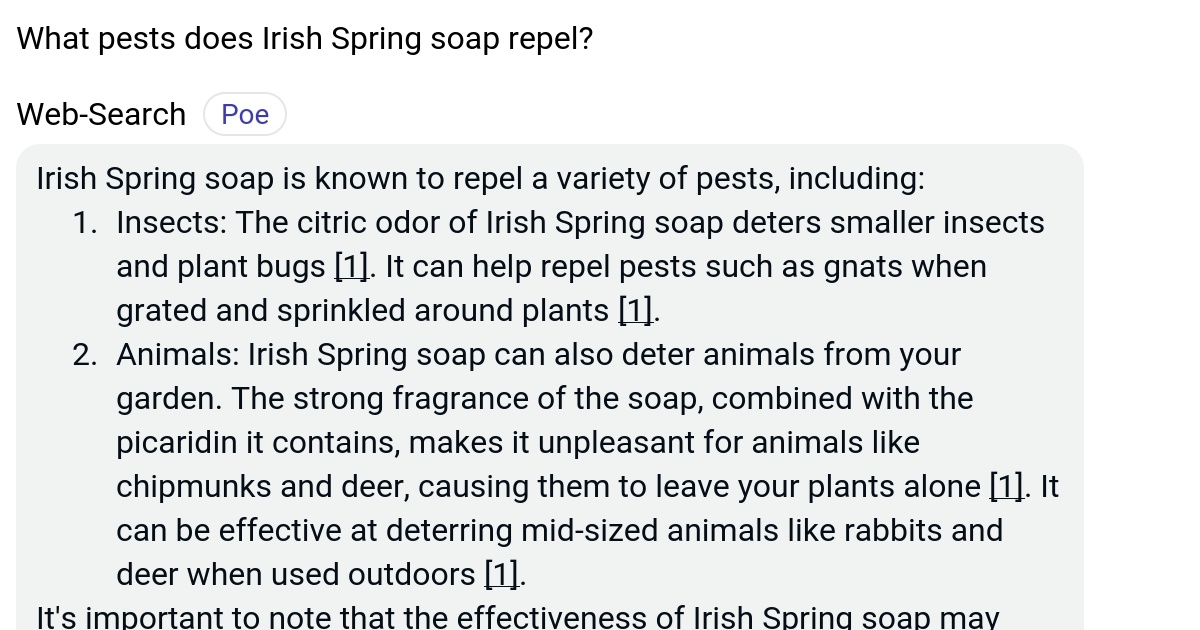 What pests does Irish Spring soap repel? Poe