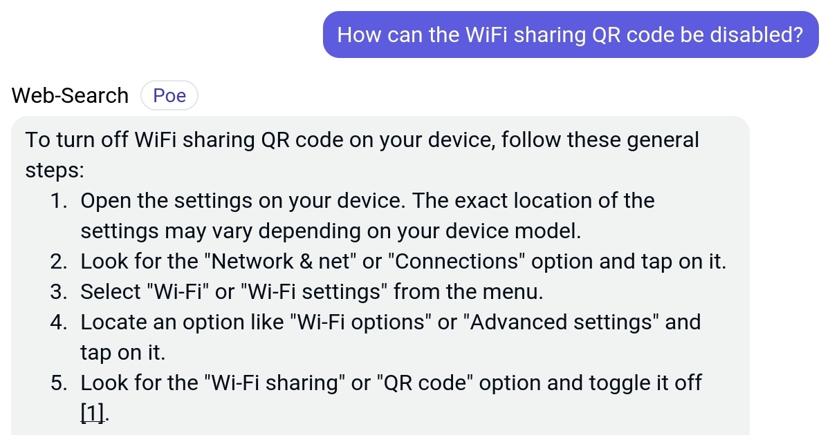 How can the WiFi sharing QR code be disabled? Poe