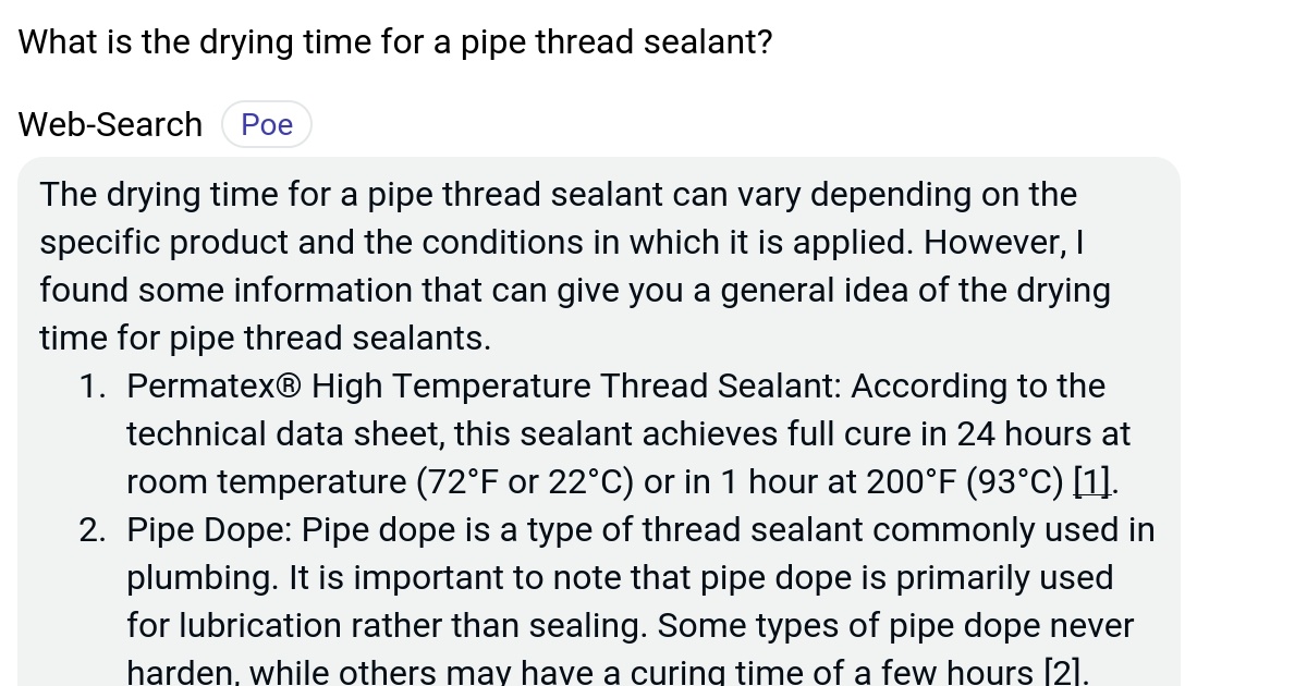 What is the drying time for a pipe thread sealant? Poe