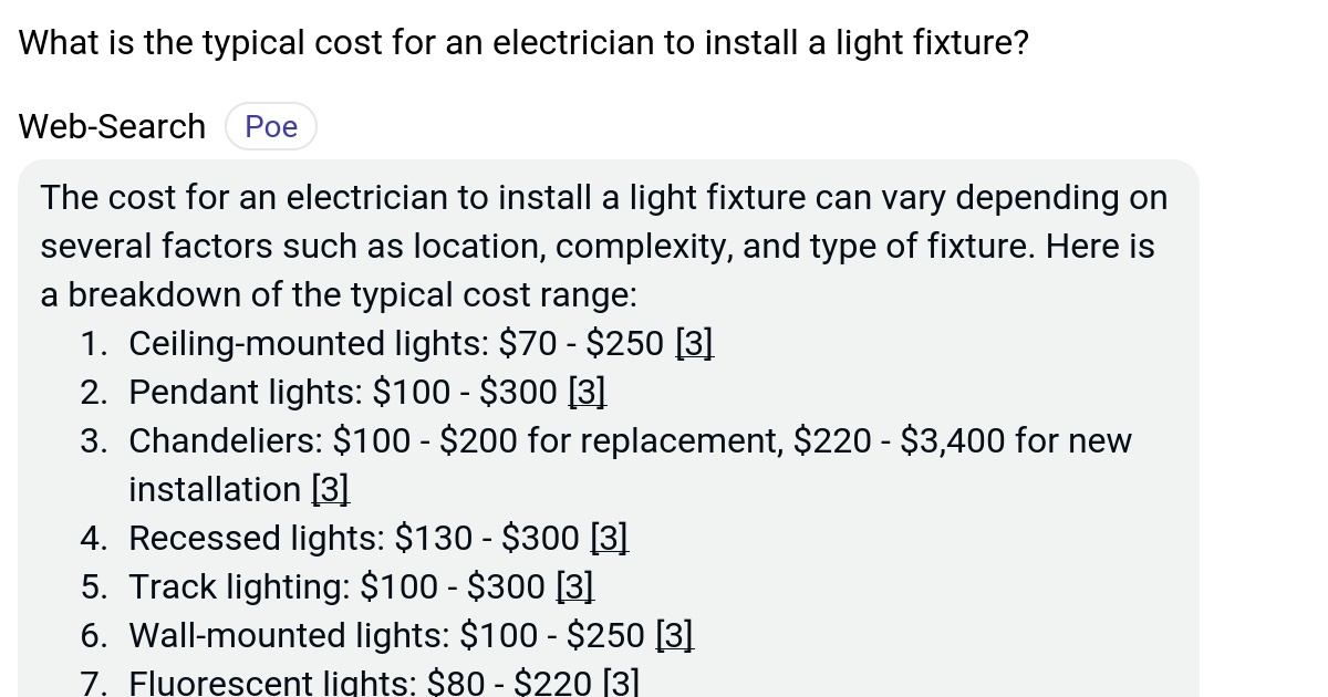 What is the typical cost for an electrician to install a light fixture