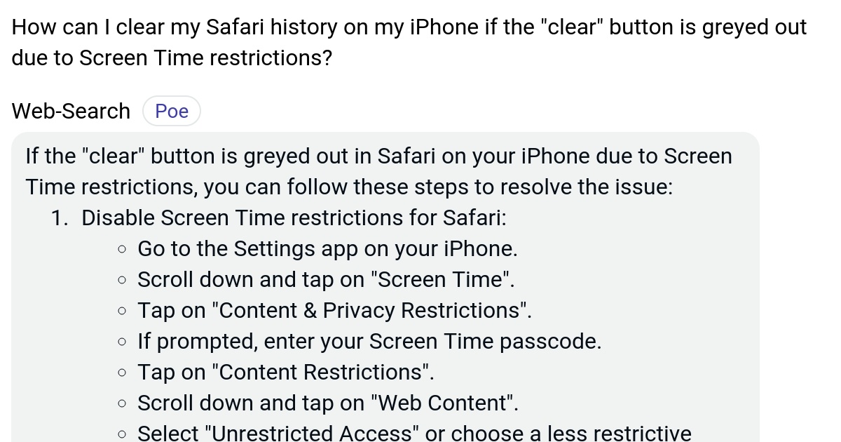 How can I clear my Safari history on my iPhone if the "clear" button is