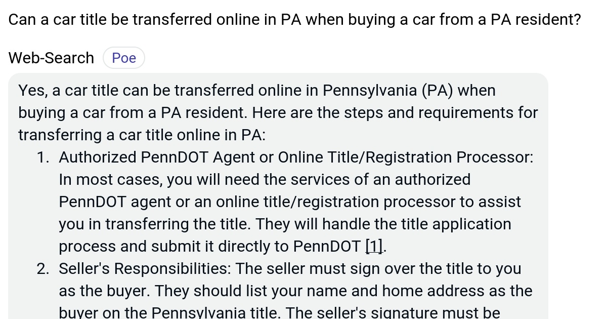 Can a car title be transferred online in PA when buying a car from a PA