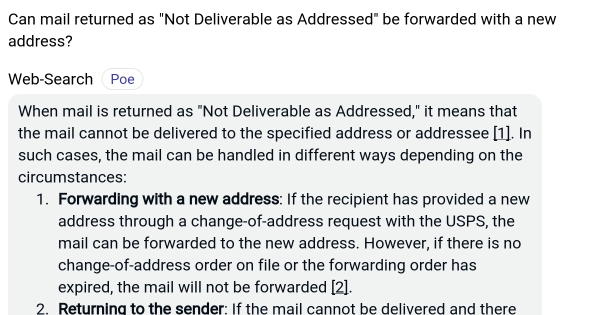 Can mail returned as "Not Deliverable as Addressed" be forwarded with a
