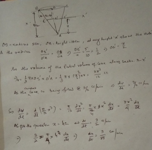 An inverted cone has a depth of 10cm & a base of radius 5cm. Water is