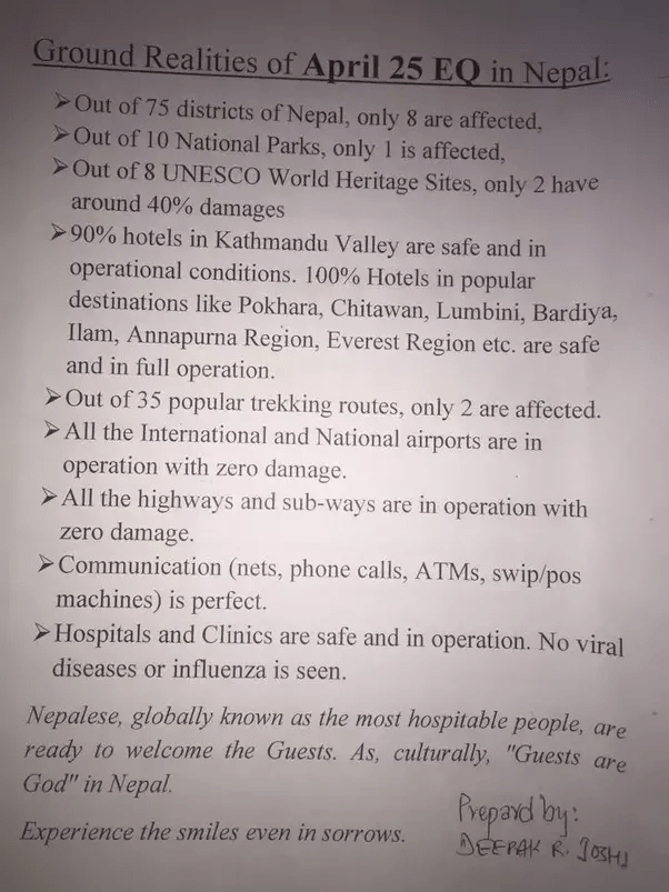 What is the aftereffect of earthquakes in the Nepalese tourism