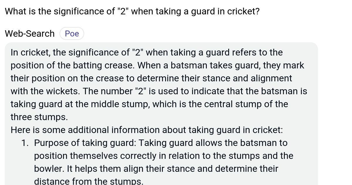 What is the significance of "2" when taking a guard in cricket? Poe