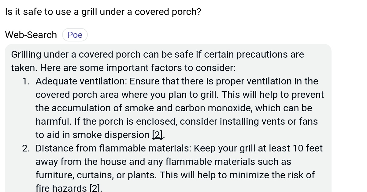 Is it safe to use a grill under a covered porch? Poe