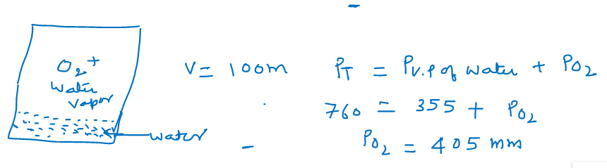 Tekanan uap air adalah 355 torr. Bejana 100 ml berisi oksigen jenuh air,  tekanan gas total 760 torr. Isi dipompa ke dalam bejana 50 ml. Berapa  tekanan parsial oksigen dan uap air