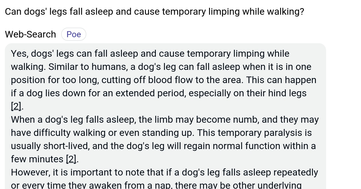Can dogs' legs fall asleep and cause temporary limping while walking? Poe
