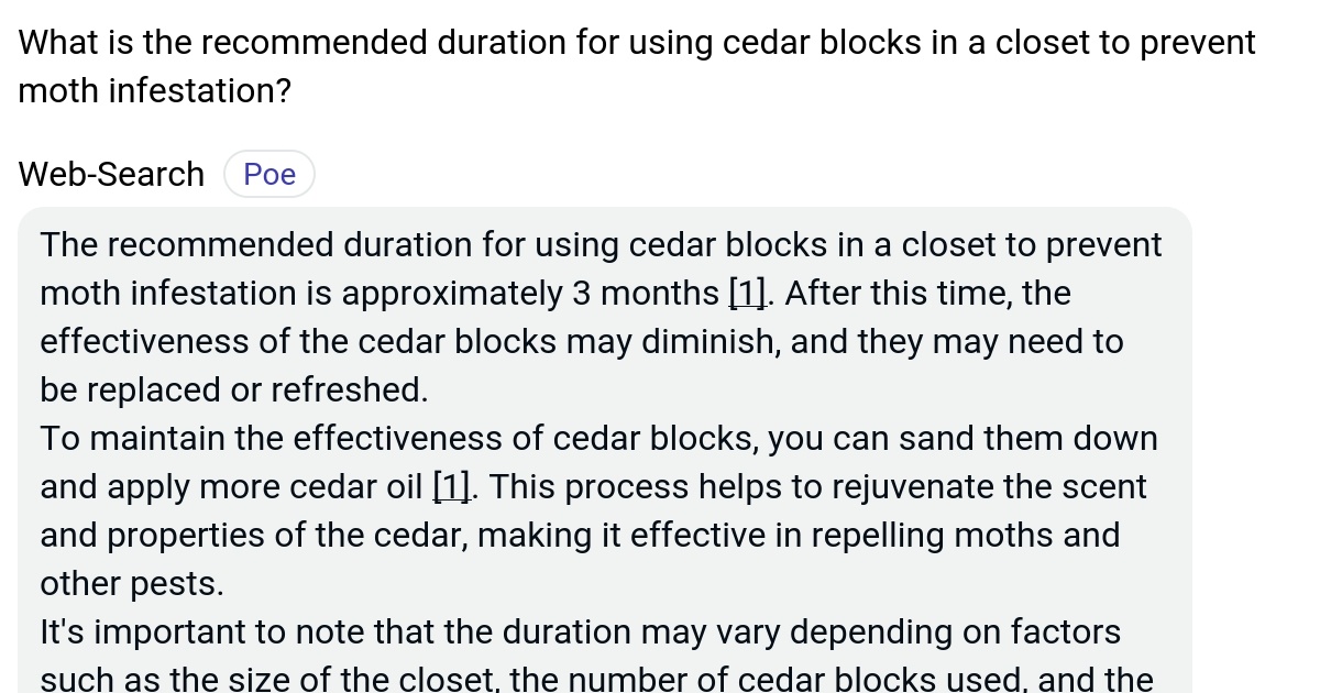 What is the duration for using cedar blocks in a closet to