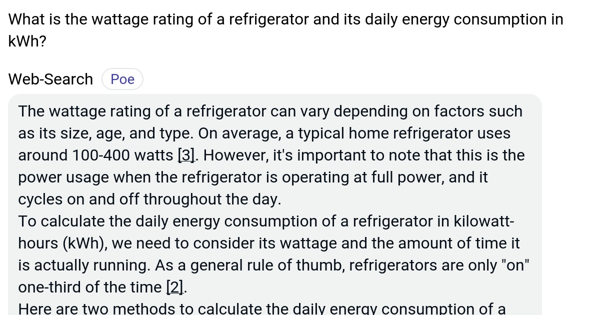 What is the wattage rating of a refrigerator and its daily energy