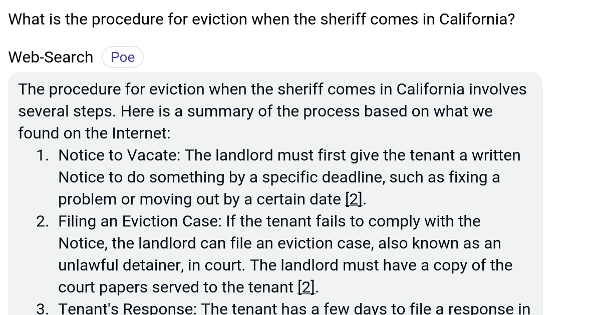 What is the procedure for eviction when the sheriff comes in California