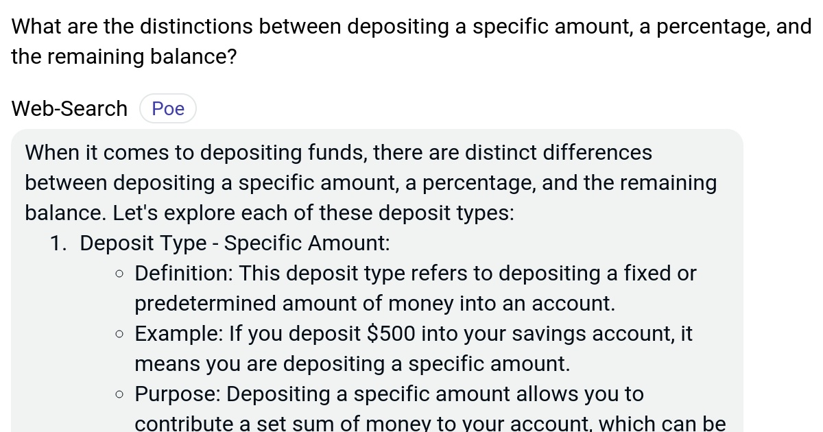What are the distinctions between depositing a specific amount, a