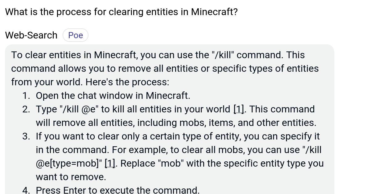 What is the process for clearing entities in Minecraft? Poe