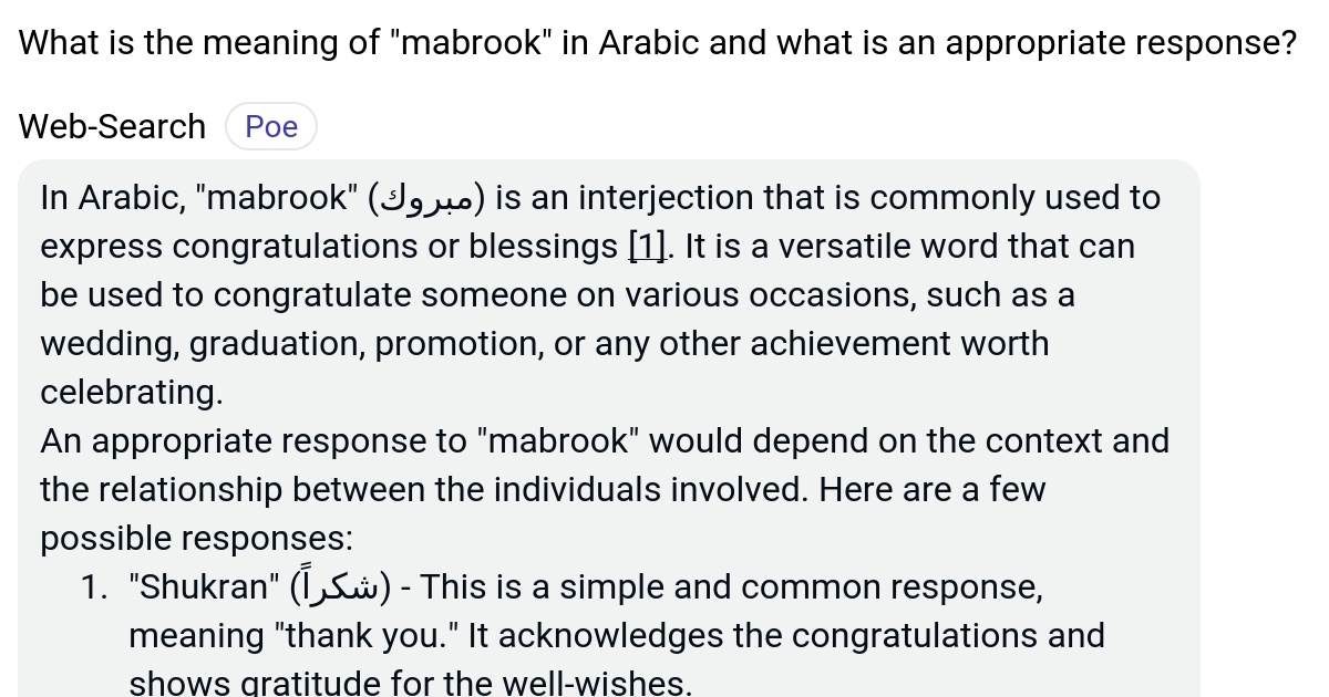What is the meaning of "mabrook" in Arabic and what is an appropriate
