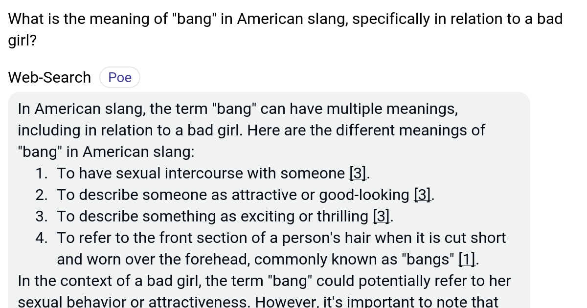 What is the meaning of "bang" in American slang, specifically in relation to a bad girl? Poe