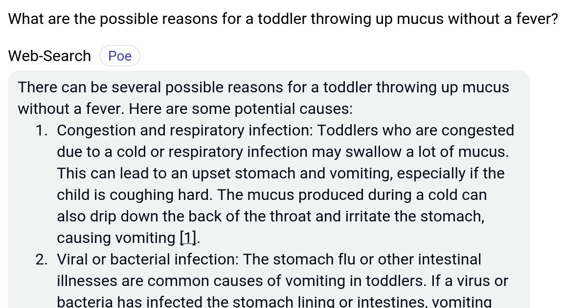 What are the possible reasons for a toddler throwing up mucus without a