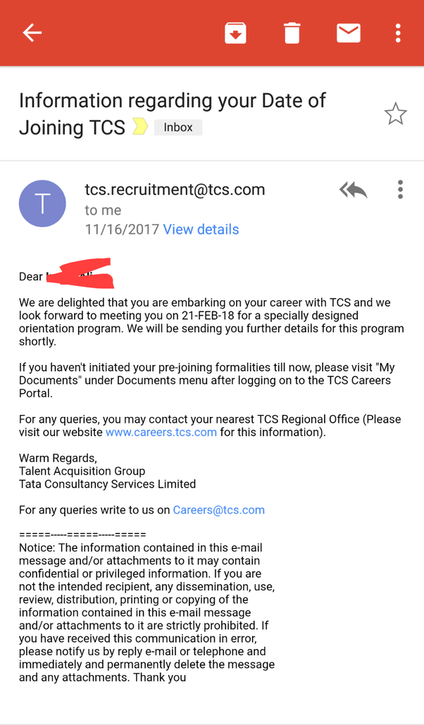 What confirmation did you get in the mail received from TCS? Quora