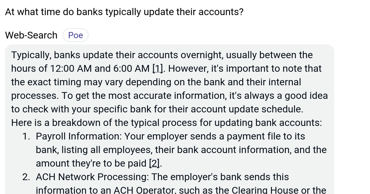 At what time do banks typically update their accounts? Poe