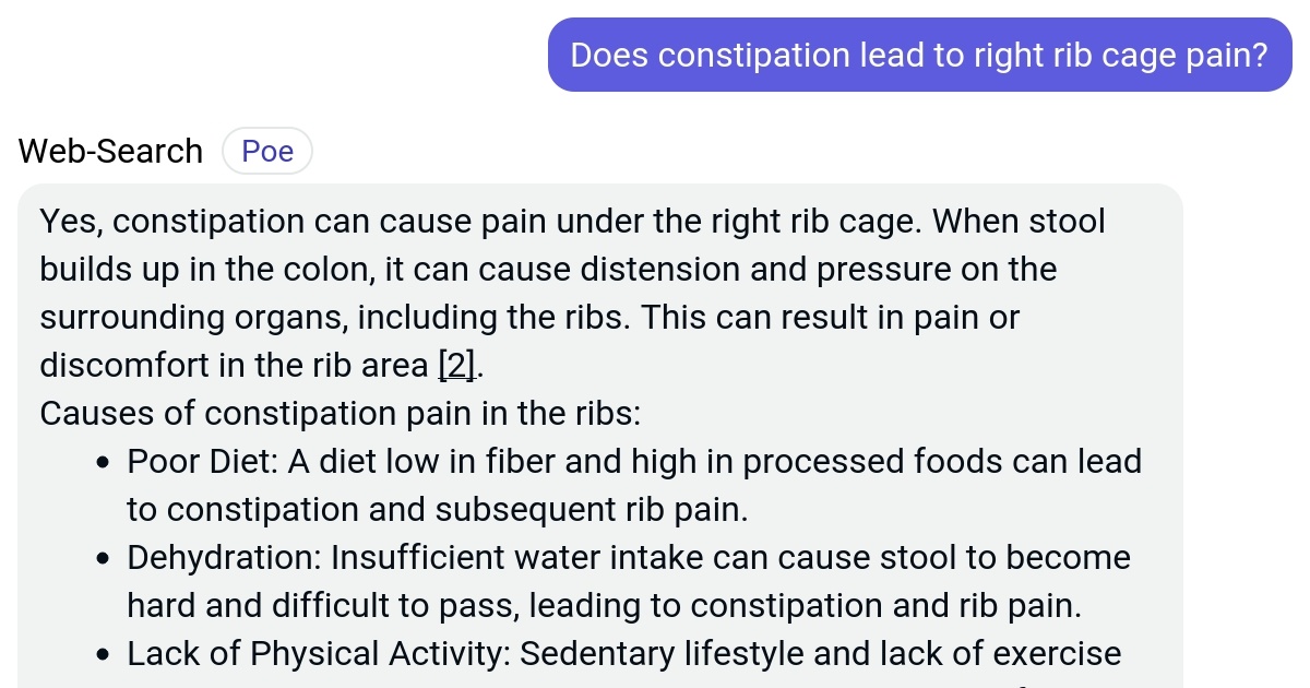 Does constipation lead to right rib cage pain? Poe