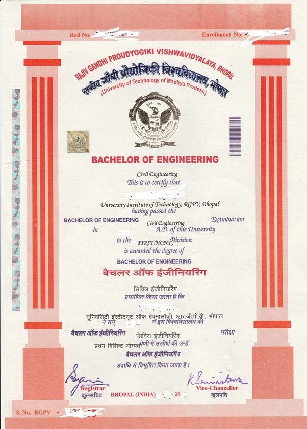 How does the final degree certificate (engineering) of UIT RGPV look like? Quora