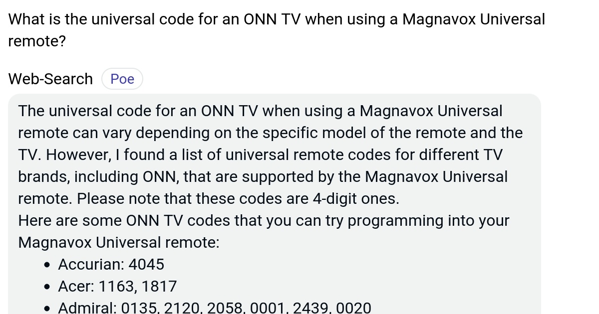 What is the universal code for an ONN TV when using a Magnavox