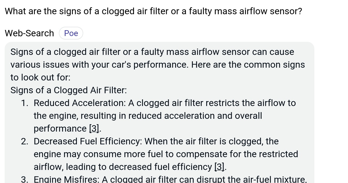 What are the signs of a clogged air filter or a faulty mass airflow