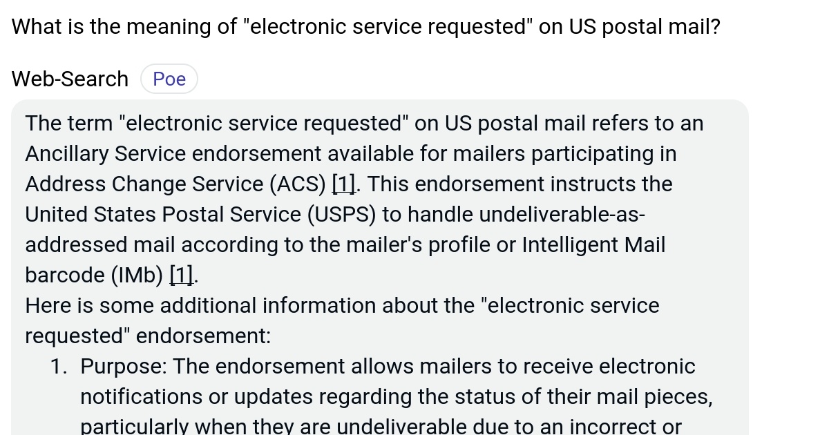 What is the meaning of "electronic service requested" on US postal mail