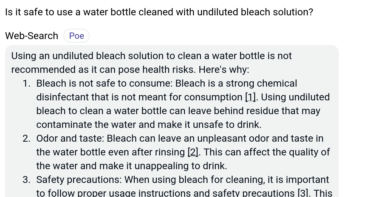 Is it safe to use a water bottle cleaned with undiluted bleach solution