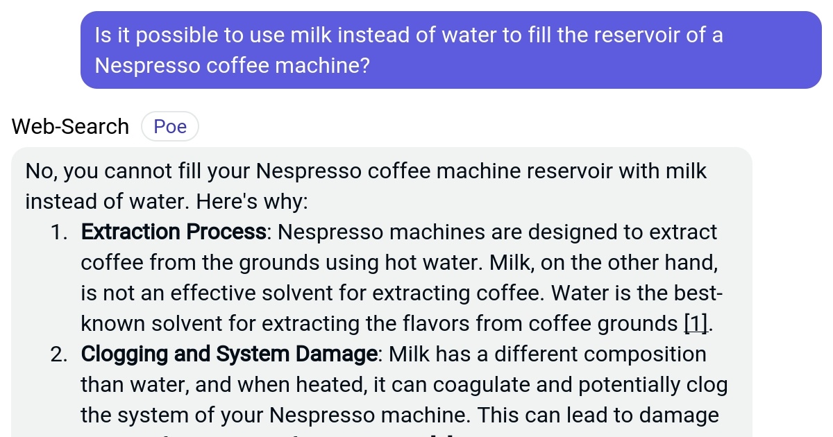 Is it possible to use milk instead of water to fill the reservoir of a