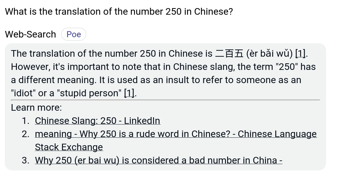 What is the translation of the number 250 in Chinese? Poe