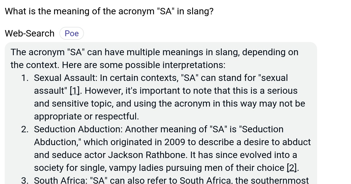 What is the meaning of the acronym "SA" in slang? Poe
