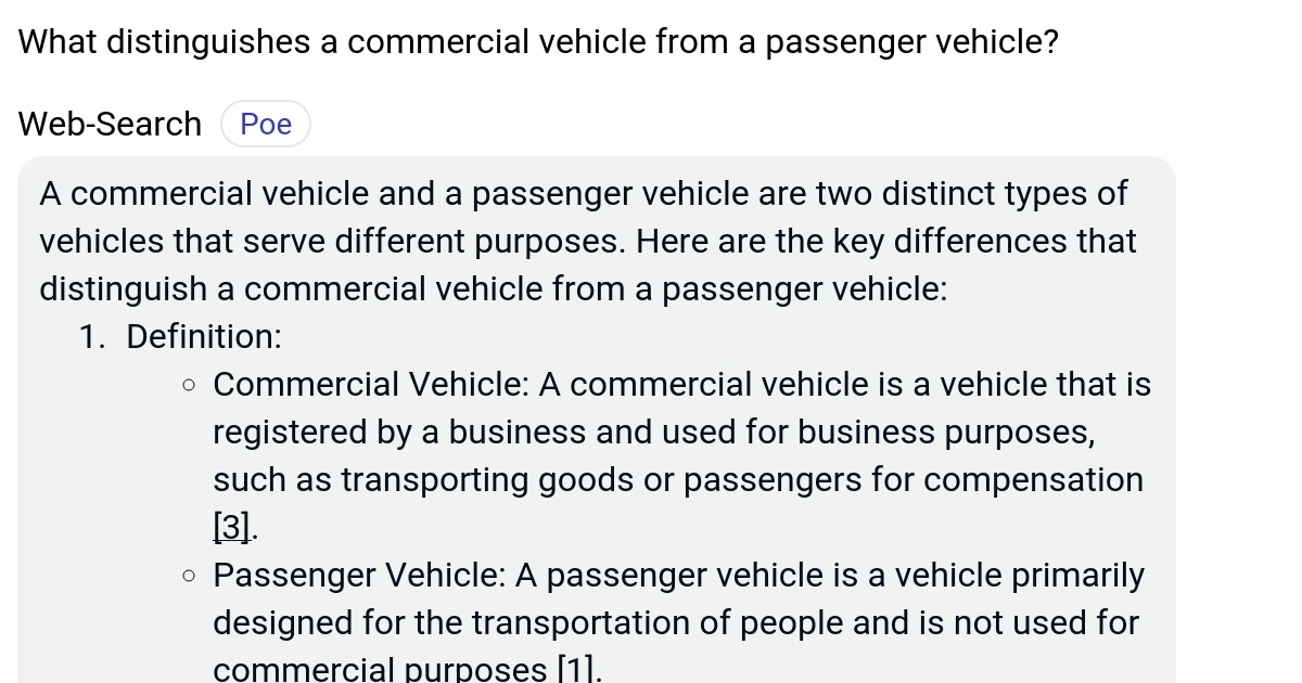 What distinguishes a commercial vehicle from a passenger vehicle? Poe