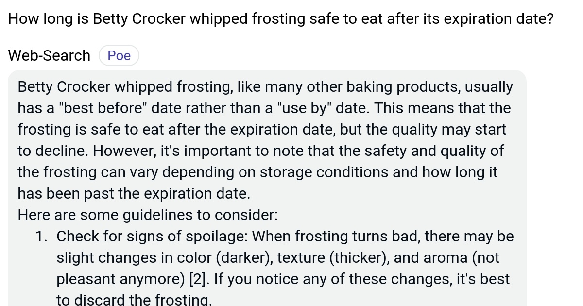 How long is Betty Crocker whipped frosting safe to eat after its