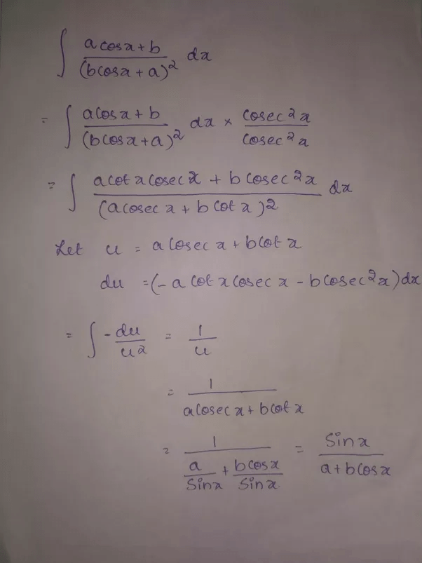 How to find the integral of dx(acosx+b)/(a+bcosx)^2 Quora